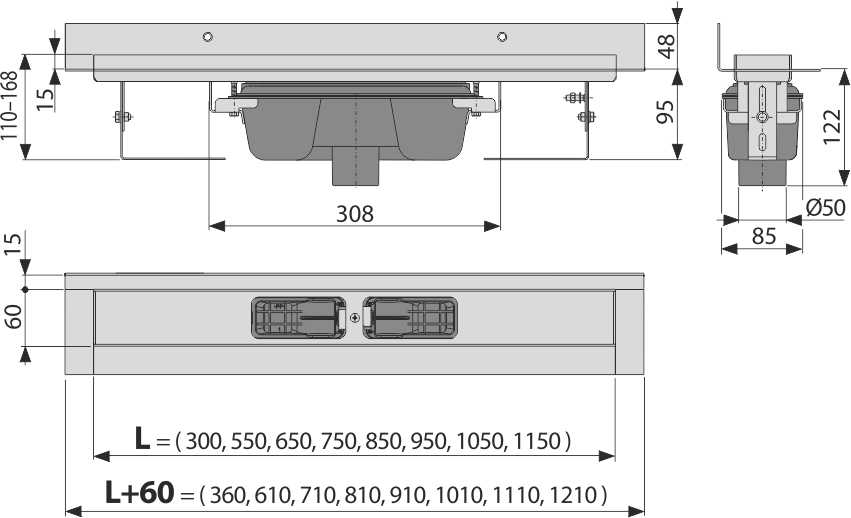 APZ1016 Wall - Водовідвідний жолоб з порогами для цільної решітки та фіксованим коміром до стіни, вертикальний стік